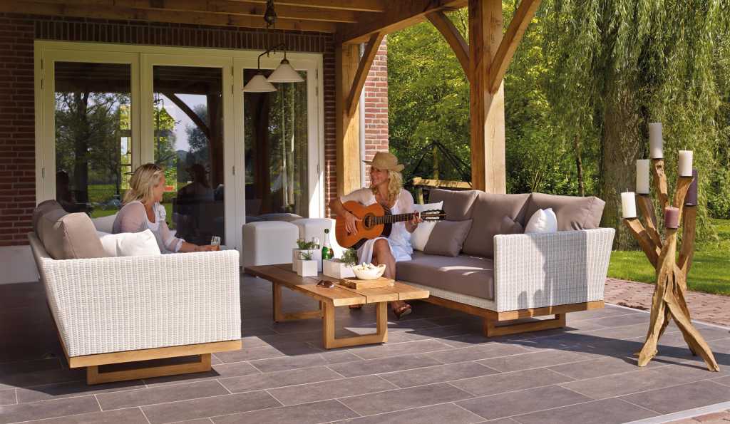 women sat on patio